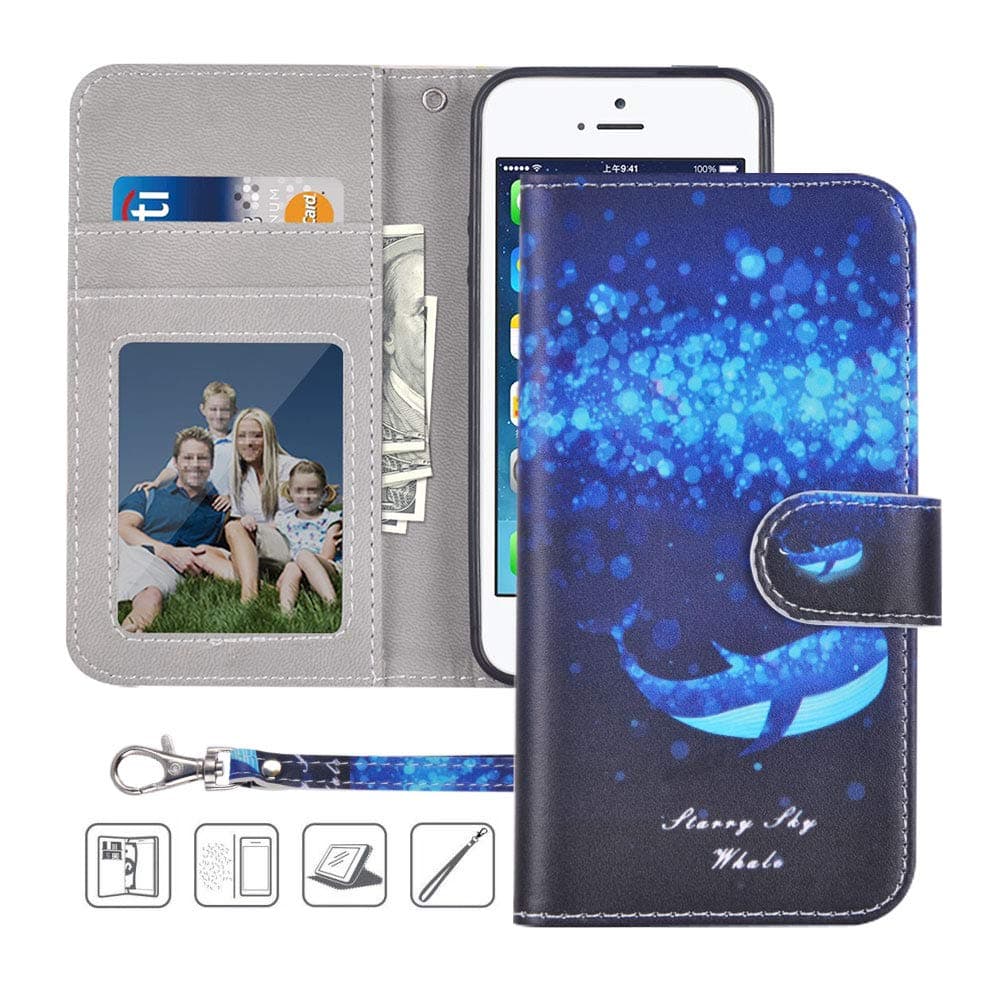 iPhone 5S Wallet Case,iPhone 5 Wallet Case,iPhone SE Wallet Case,MagicSky Premium PU Leather Flip Folio Case Cover with Wrist Strap,Card Slots,Cash Pocket,Kickstand for Apple iPhone 5S/5/SE(Whale)