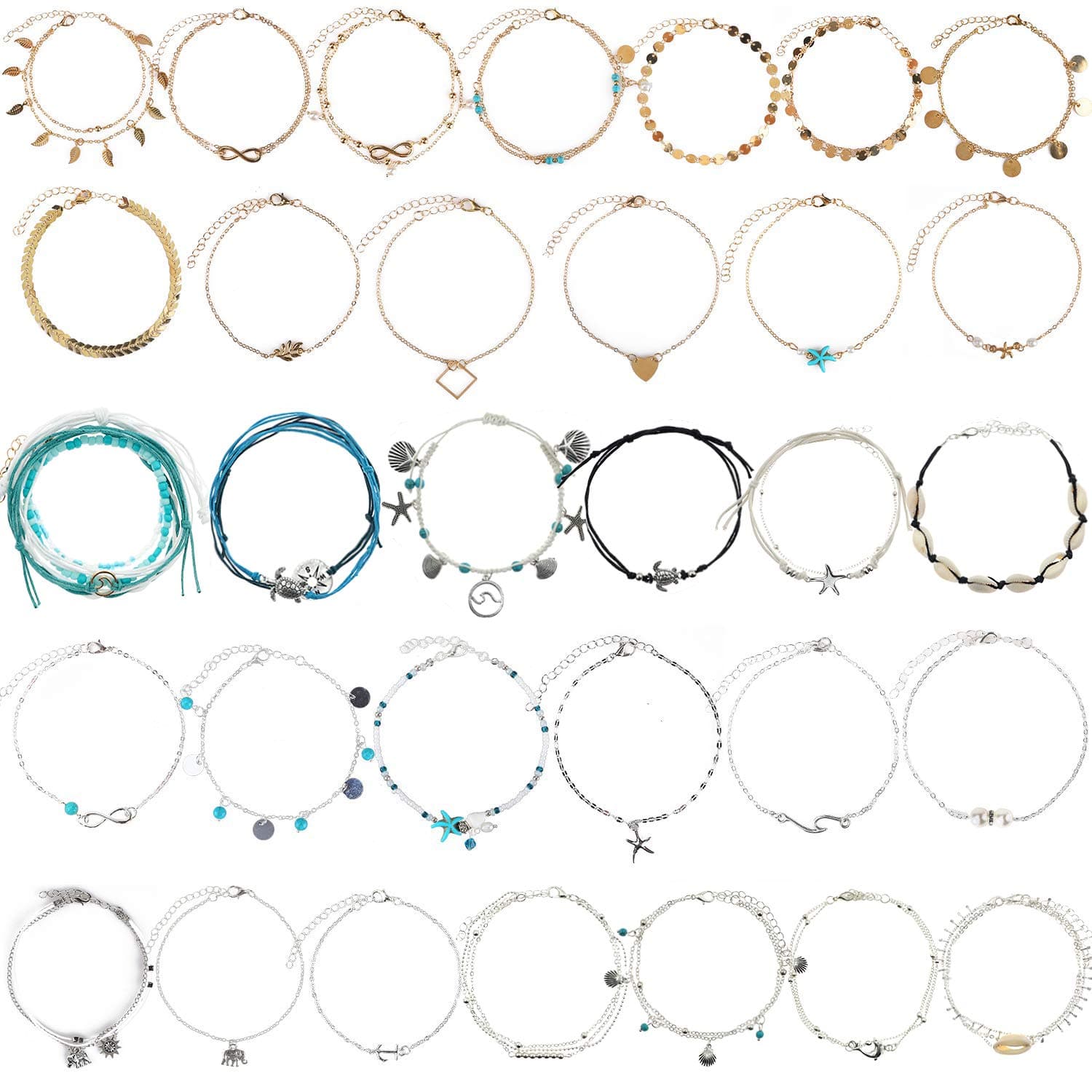 Isbasa 32pcs Ankle Chains Adjustable Beach Anklet Bracelets Barefoot Chain Boho Foot Jewelry Set for Women Girls