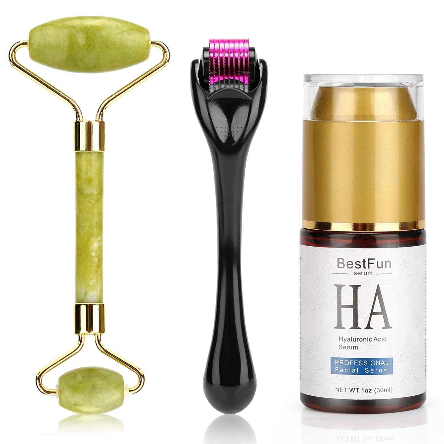 Bestfun Derma Roller 0.5MM, Jade Roller & Professional Face Hyaluronic Acid Serum Kit - 3 In 1 Set, Titanium Facial Micro Needling, Cooling Natural Stone Jade Wand, Hyaluronic Acid Serum