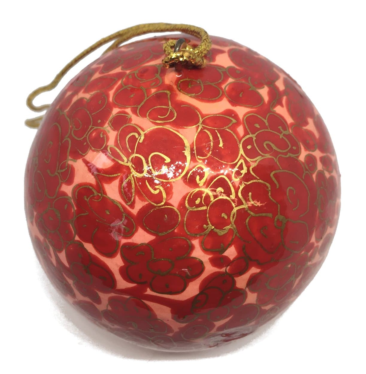 One World is Enough Large Kashmiri Lacquerware Bauble Christmas Tree Decoration - Beautiful Fair Trade Handpainted (Red and Pink Flowers)