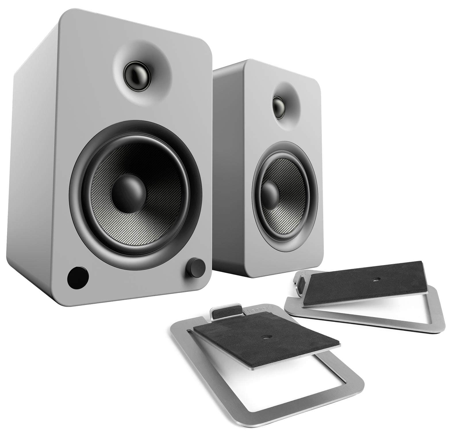 Kanto YU6 Wireless Bluetooth Powered Speaker Bundle with Kanto S4 Desktop Stands - Matte Grey Speakers, Steel Stands