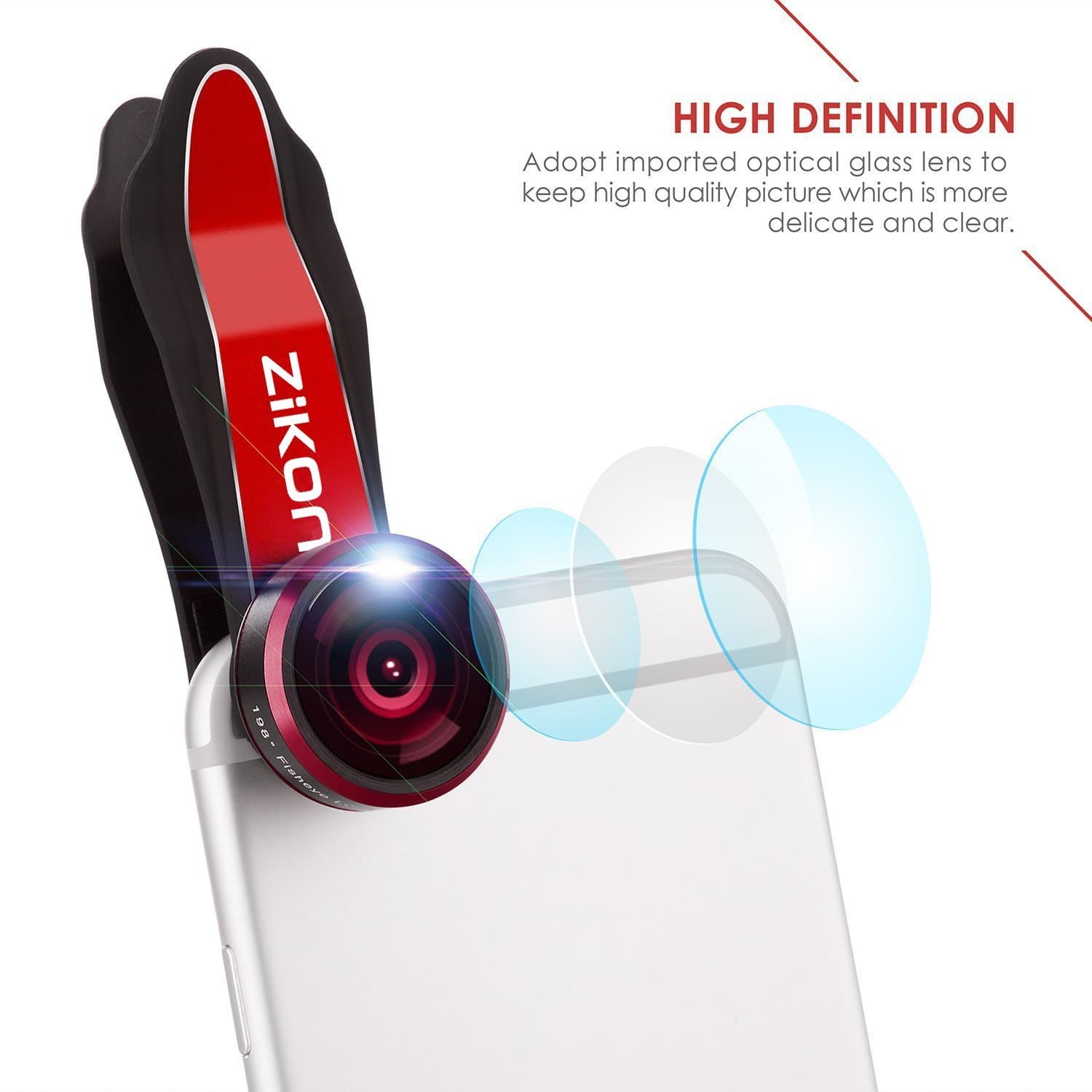ZiKON 3 in 1 Cell Phone Camera Lens Bundle with 198 Degree Fisheye Lens, 15X Macro Lens, 0.63X Wide Angle Lens and Accessories for Smart Phones - Red