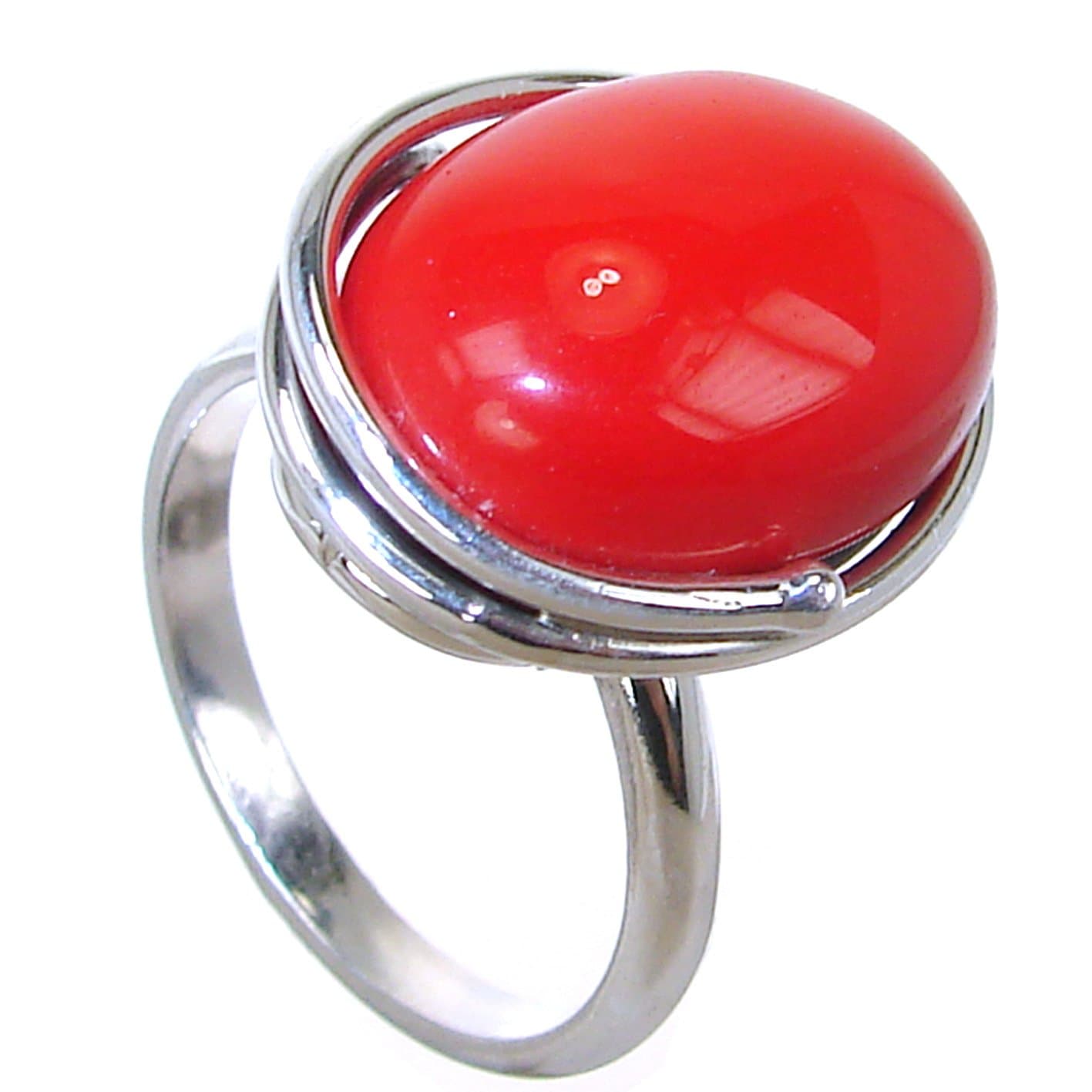 Red Coral Sterling Silver Ring size O 1/2 Adjustable