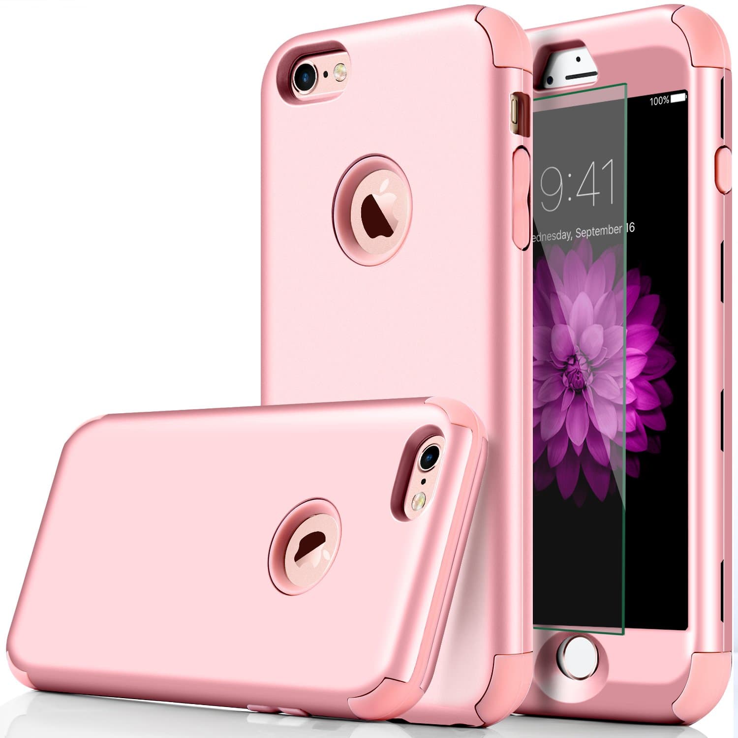 DUDETOP Compatible with iPhone 6 Case, 3-in-1 Shockproof Scratch-Resistant Armor Protective Cover Easy Grip Design with Tempered Glass Screen Protector for Apple iPhone 6s 4.7" Inch (Rose Gold)