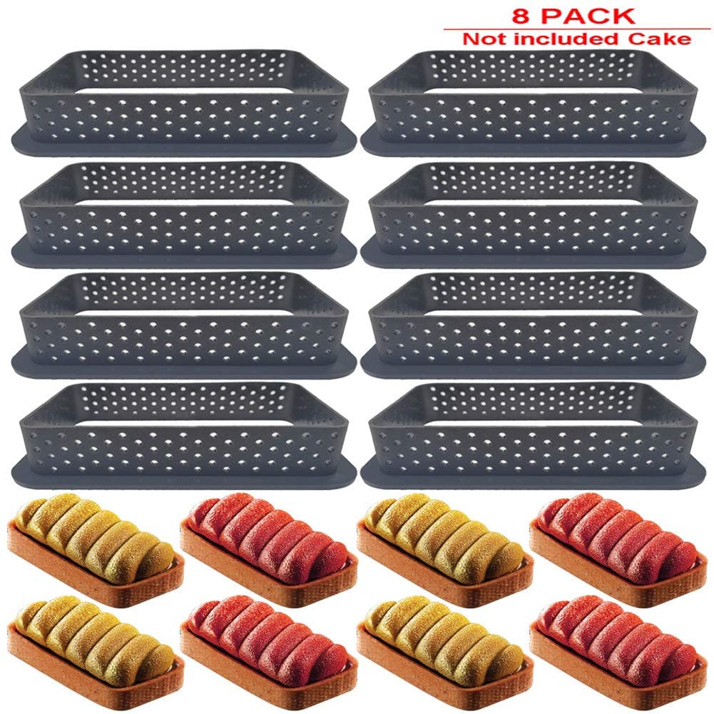JoyFan 8PCS Cake Mold Non Stick Bakeware Perforated Cutter Rectangle-Shape Mousse Circle RingDessert DIY Tart Decorating