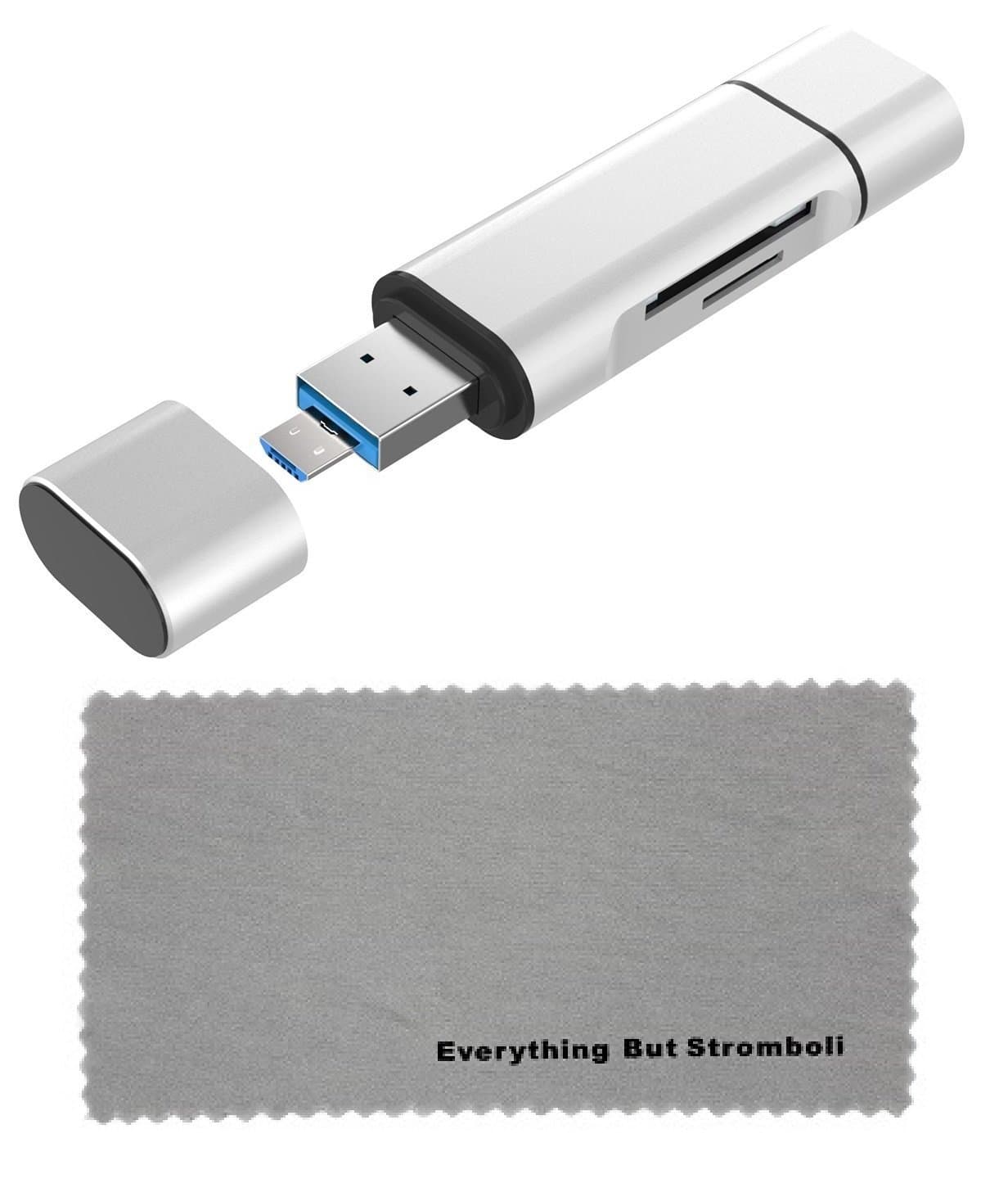 3 in 1 Card Reader, USB Type C, Micro-USB & USB Combo to 2-Slot TF/SD Card Reader OTG Card Adapter for Samsung Galaxy Android Phones Bundle with Everything But Stromboli Microfiber Cloth