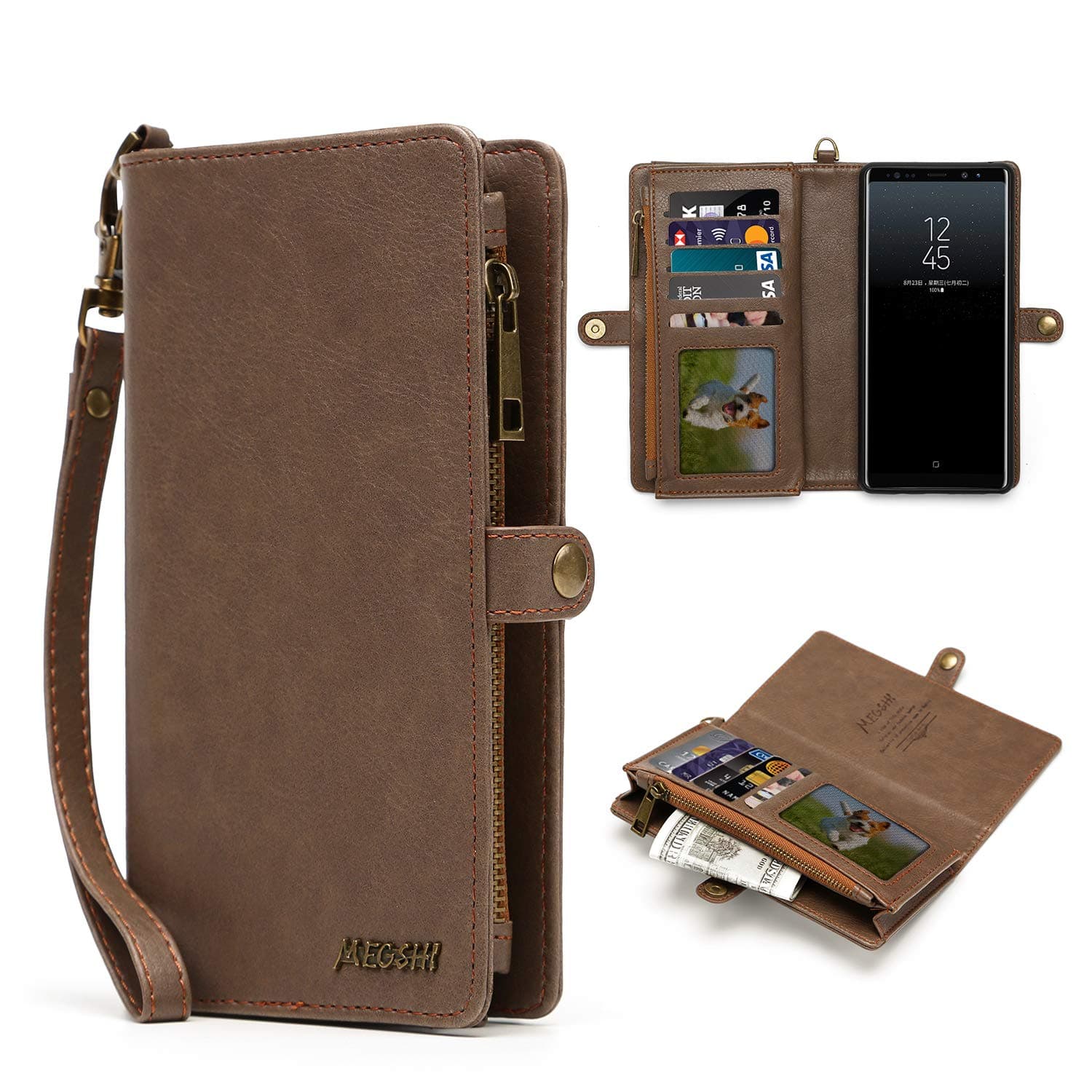 MEGSHI Multifunctional Wallet for Galaxy Note 9, Zipper Wallet Case for Galaxy Note9, Handbag with Detachable Magnetic Back Cover, Samsung Note 9 Leather Case with Credit Card Slot (Brown)