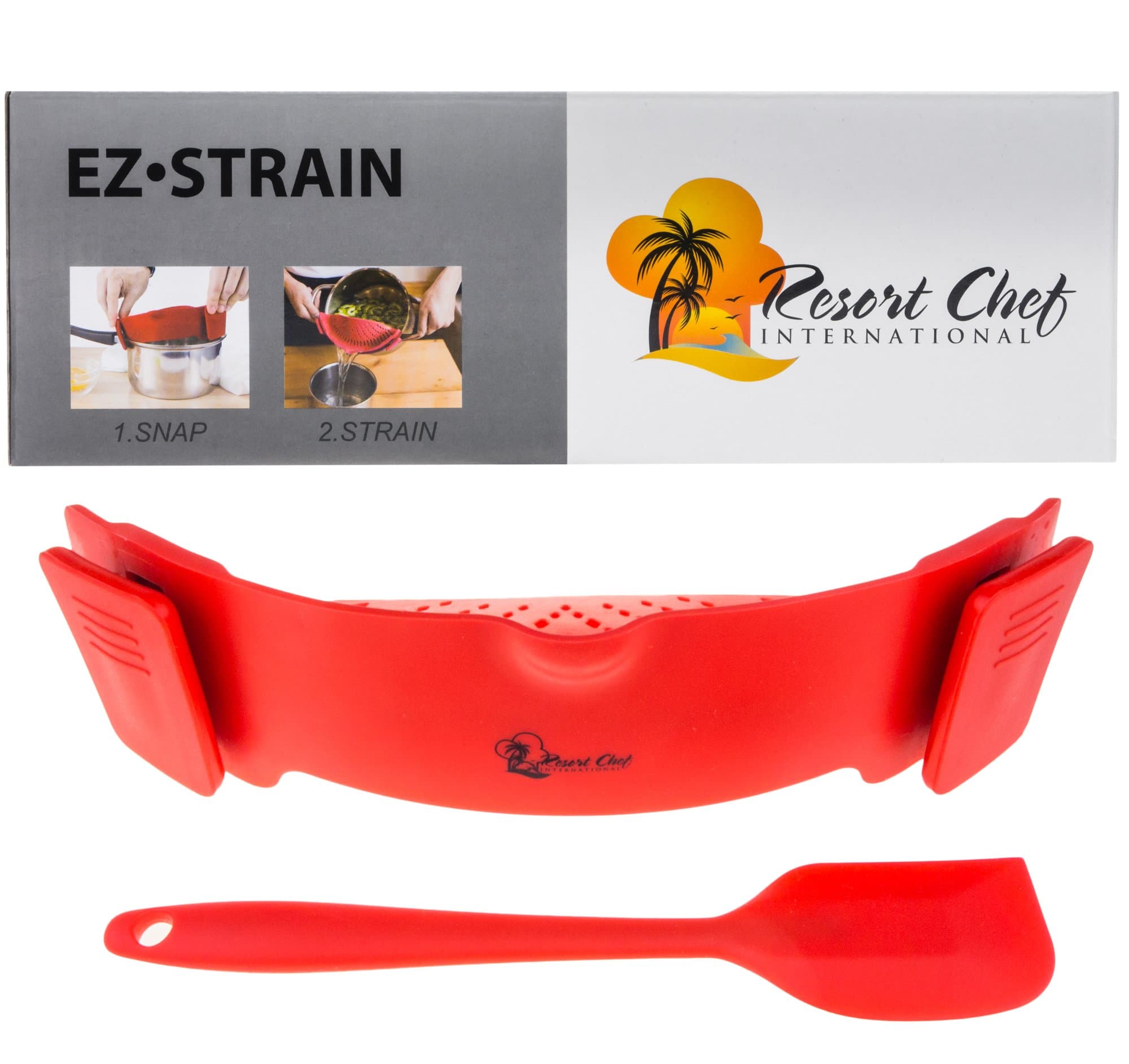 Resort Chef Kitchen Clip-on Pot Strainer. Best for Straining Pasta, Meat Grease, Eggs, Rice, Fruits & Vegetables - BPA Free Eco Friendly - Includes Bonus Matching Silicone Spatula - Great Gift Idea
