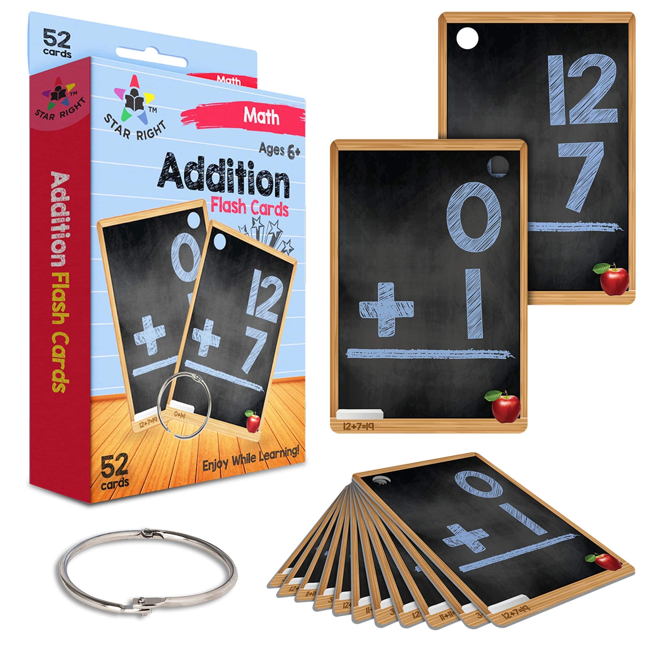 Star Right Multi Math Flashcards Pack - Addition - 1 Ring and 52 Hole Punched Cards Per Set