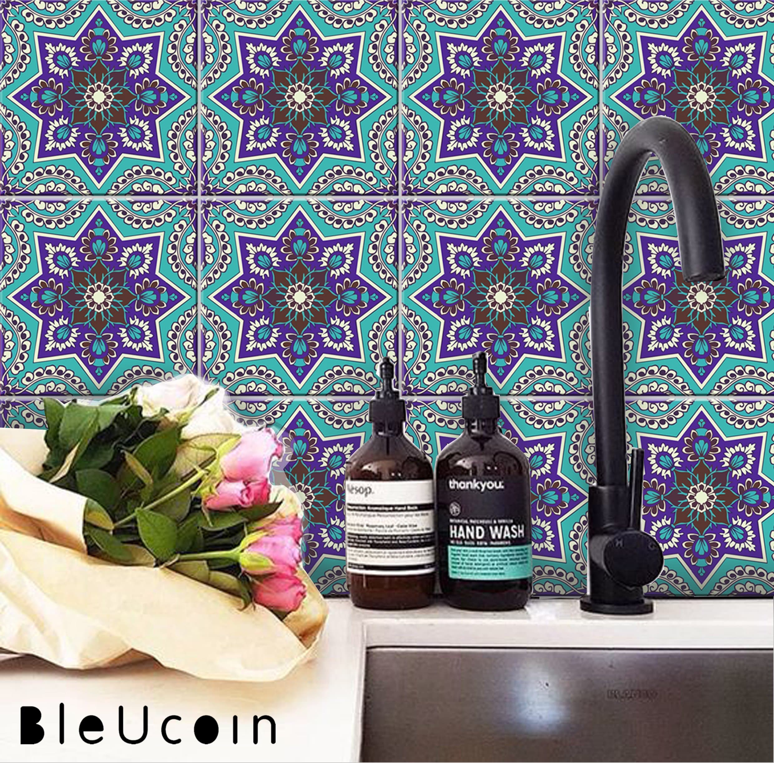 Jaisalmer Tile Stickers for Kitchen Bathroom Backsplash, Removable Stair Riser, Door Peel and Stick Home Decor- Pack of 44 (20cm x 20cm (Pack of 44))