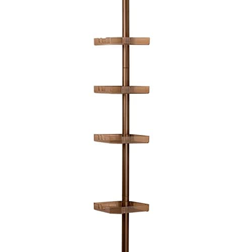Bath Bliss 4 Tier Tensions Corner Shower Caddy | Shelves | Adjustable 48“-101” | Bathroom Organizer | Bathtub and Shower Stall | Holds Large Bottles | Soap | Shampoo | Washcloths | Bronze
