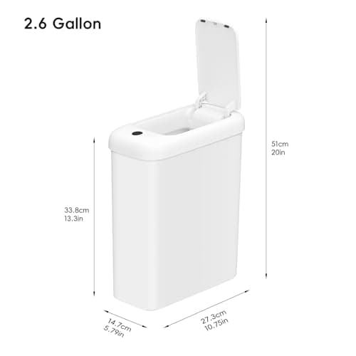Automatic Bathroom Trash Can with Lid, 2.6 Gallon Slim Touchless Garbage Can, Waterproof Motion Sensor Trash Bin for Bathroom, Office, Kitchen, White