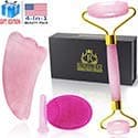 Rose Quartz Roller - 2 in 1 Gua Sha Facial Tool - 100% Real Natural Jade Roller for Anti Aging Anti Wrinkle - Jade Roller, Face, Cleansing Brush, Cupping for Healing Toning by Sanleevo