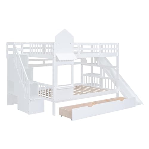 Merax Full-Over-Full Bunk Beds Castle Style Bunk Bed with 2 Drawers 3 Shelves and Slide - White
