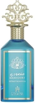 L'Haya Mansoury Extrait de Parfum, Luxury Middle Eastern Fragrance, Turquoise Blue Glass Bottle with Gold Crown Cap, 3.4 Fl Oz, 100ml