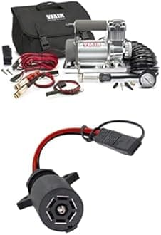 Bundle of Viair 30032 300P SXS Portable Compressor Kit with battery tender and compressor tie down (12V, 33% Duty, 150 PSI), CE. + VIAIR 7-Way Power Access, 7-Way Blade to 2-Pin SAE 12V Power Source