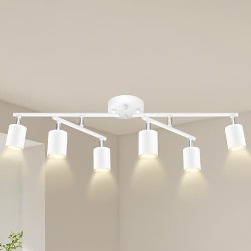BoostArea 6 Light Track Lighting Kit, White 6 Way Ceiling Spot Lighting, Center Swivel Track Light Heads, Flexibly Rotatable Light Head for Kitchen, Living Room, Bedroom, GU10 Bulb Not Included
