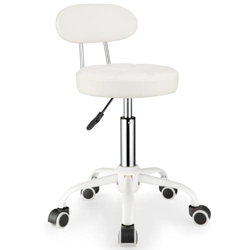 FNZIR PU Leather Rolling Stool with Back Support Height Adjustable Swivel Stool Chair with Wheels Drafting Chair for Spa Slaon Massage White
