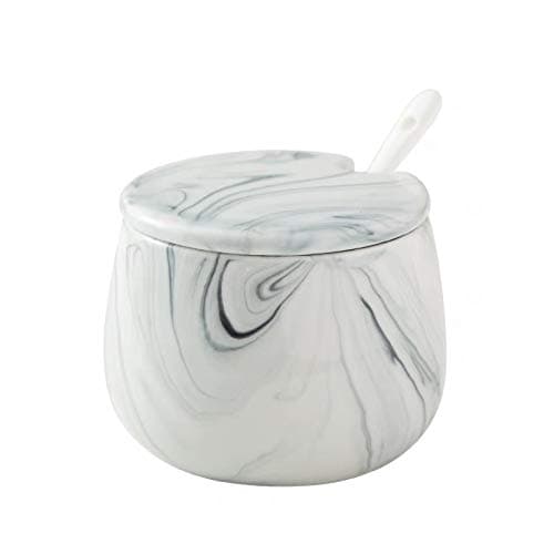 Ceramics Marble Pattern Sugar Bowl Spice Jar with Lid and Spoon Seasoning Box Condiment Pots Gray