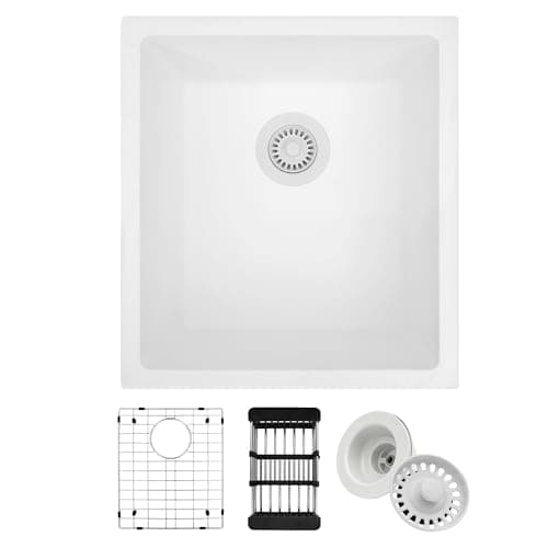 White Bar Sink, White Granite Composite Kitchen Sinks With Accessories, 17 Inch Undermount Quartz Stone Kitchen Sinks, 17" x 19" x 10" Small Kitchen Sink used for RV, Bar, Outdoor and Wet Bar