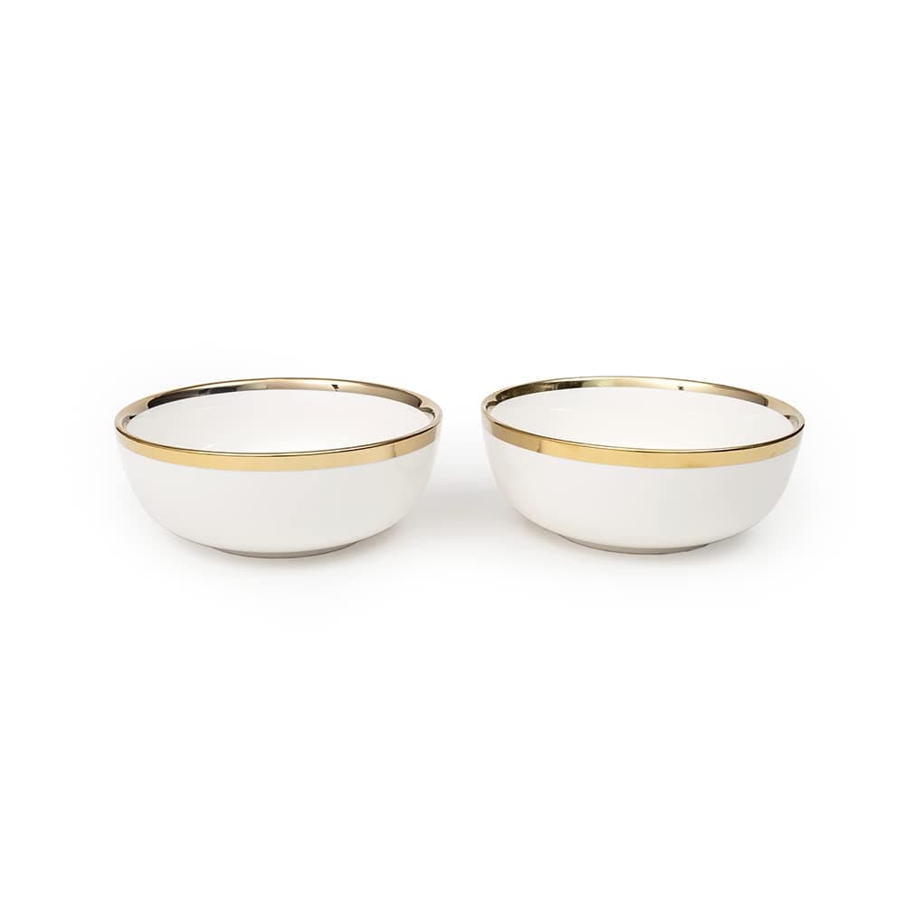 EZ Life Urbane Select Class Series China Bowl - Pack of 2-7 Inch Dinner Bowl (1100ml) - Glossy White with Gold Lining Matte Finish Serving Bowls - Home Kitchen - Serveware