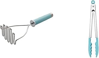 Gourmet Stainless Steel Wire Masher, 10.24-Inch, Aqua Sky & Silicone Tipped Stainless Steel Tongs, 10.26 Inch, Aqua Sky