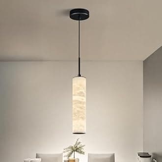 LMQNINE Natural Alabaster Pendant Lights for Kitchen Island White Marble Long Tube Chandelier 4000K Modern Black Ceiling Light Fixtures for Bedroom Dining Room Table Living Room Hallway(S-1Pack)