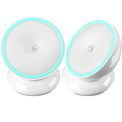 Kathfly 2 Pieces Motion Sensor Night Lights LED Cordless Puck Small Wall Lights with Rotating Base for Cruise Cabin Hallway Bedroom Kitchen Closet Stairway, White(Battery Operated)