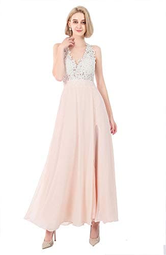 Emmani Women's Spaghetti V-Neck Side Split Backless Long Prom Dresses