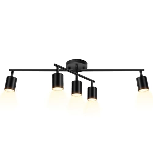 BoostArea - 5 Way Modern Track Lighting Kit, Black, 5 Flexible LED Light Heads for Kitchen, Living Room, Bedroom