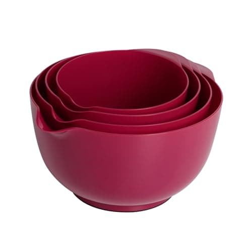 BoxedHome Nesting Plastic Mixing Bowl Set, 4 Piece Mixing Bowl Set with Pour Spouts, Size 1.7, 2.5, 3.5 and 4.5qt, for Prepping, Mixing, Baking, Cooking, Deep Carmine