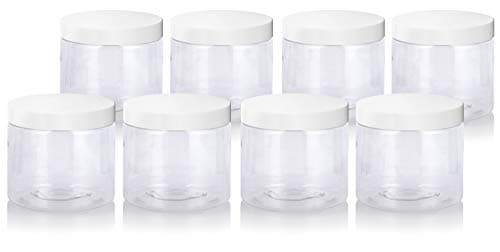 Clear Large 16 oz PET Plastic (BPA Free) Refillable Jar with White Lids - (8 pack)