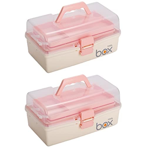 2PCS 12'' Three-Layer Clear Plastic Storage Box/Tool Box, Multipurpose Organizer and Portable Handled Storage Case for Art Craft and Cosmetic (White)