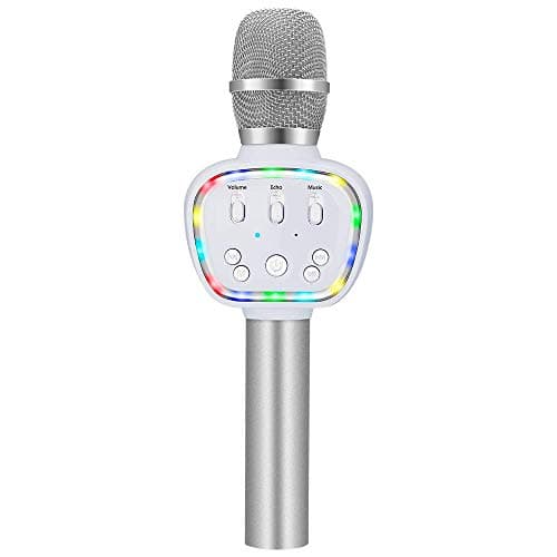 BONAOK Wireless Bluetooth Karaoke Microphone with Dynamic LED Light, 4 in 1 Portable Handheld Karaoke Mic Home Party Birthday Gift for iPhone/Android/iPad/PC/Sony (Silver)