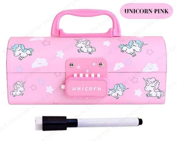 Invite Enterprise Plastic Pen & Pencil Box | Suitcase Style Password Lock Case, Multi-Layer for Kids, Boys, Girls, Stationary Organizer, Return Gift (Unicorn-Pink)