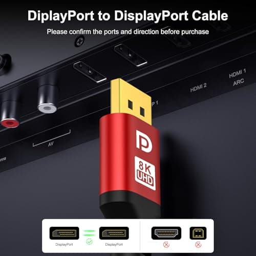 DP Cable 1.5ft, DisplayPort 2.1, High Speed DisplayPort Cable (16K,10K,8K@60Hz,4K@144Hz,2K@240Hz) HBR3 Support, HDR 4:4:4 / HDR 10 and HDCP 2.2 for Gaming Monitor (Red)