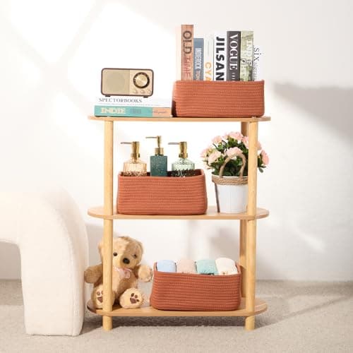 MiniArk Small Storage Baskets for Organizing | Closet Organizer Bins | Shelf Toy Basket | Woven Rope Baskets | Cube Decorative Box | Shallow Basket | 11.5x7.5x4.7” | 4 Packs Oxide Red