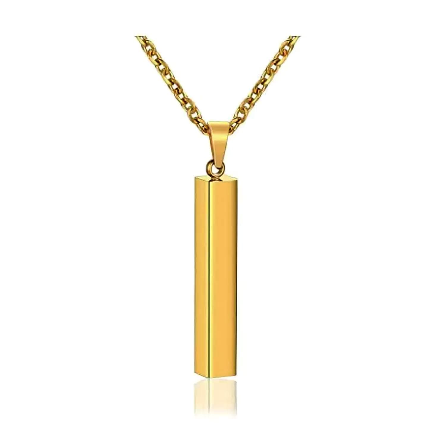 Customized Stainless Steel 3D Cuboid Vertical Charm Bar, Personalized Locket Necklace With Chain For Men/Women