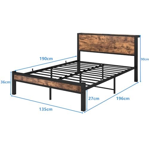 MOFLUT Double Bed Frame with Wooden Storage Headboard with USB Ports and Charging Station, Metal Wooden Bed Frame Double Bed No Box Spring Needed, Enhanced Support Leg, Black+Brown Oak