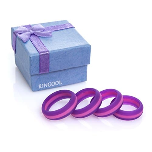 RINGOOL Silicone Wedding Ring for Women - Each Pack Contains 4 Rings Sizes Set (5,6,7,8) - Fashionable Pink and Purple Design - Great as a Finger Workout Band.