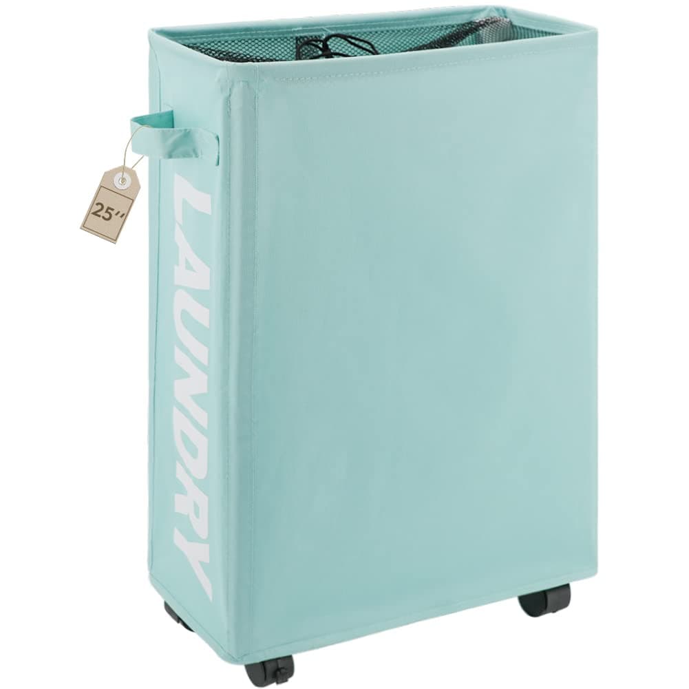 TOTANKI25" Rolling Slim Laundry Basket on Wheels, Foldable Laundry Hamper with Handle, Collapsible Laundry Sorter and Organizer, Tall Storage Basket Bin (Light Blue)