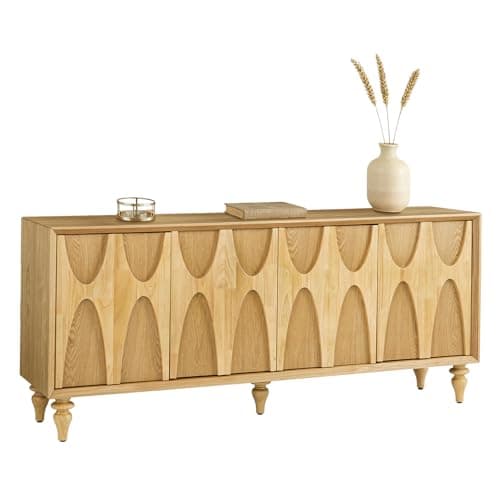 LKTART 62.99" Sideboard Buffet Cabinet with Storage, Solid Wood Kitchen Storage Cabinet Credenza Accent Console Table with Solid Wood Roman Legs Dovetail Door Trim Panel Ash Veneer,Natural Oak