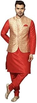 Uri and MacKenzie Men's Silk Blend Regular Kurta Churidar Pyjama with Bundi Nehru Jacket/Waistcoat