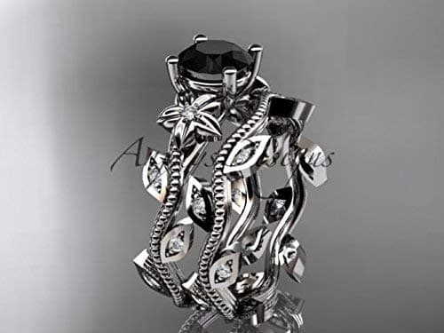 platinum diamond leaf and vine wedding ring, engagement ring, engagement set with a Black Diamond center stone ADLR151S