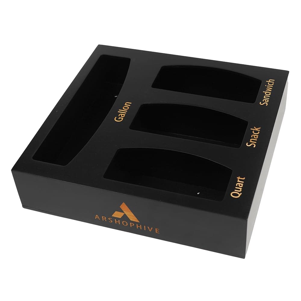 ARSHOPHIVE Bag Storage Organizer for Kitchen Drawer, Bamboo Organizer, Compatible with Gallon, Quart, Sandwich and Snack Variety Size Bag (1 Box 4 Slots) (Black)