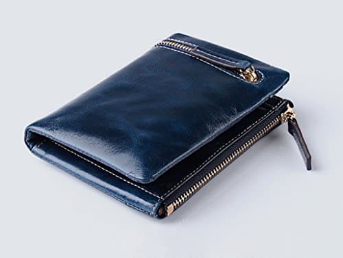 Multi Purpose Large Capacity Soft Wax Paper Genuine Leather Bi Fold Wallet Purse Money Case Pouch with 2 Zipper Pockets 5 Card Holder 1 Photo Frame 1 Paper Money Compartment (Blue)