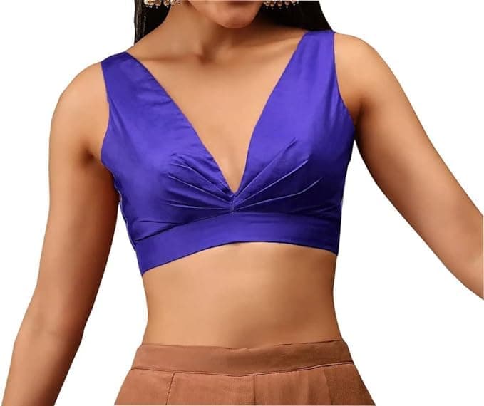 Readymade Indian Bollywood Satin Silk Saree Blouse Women's Solid Plain Top Sleeveless, V-Neckline Sari Choli