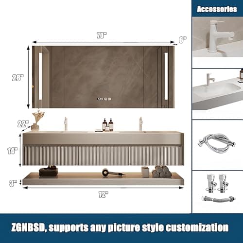 Double Sink Bathroom Vanity - Solid Wood Bathroom Vanity with Smart Defog Mirror & Light, Floating Double Sink Cabinet with Abundant Storage Space (72IN)