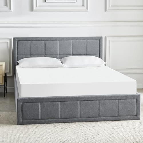 Ottoman Bed Small Double Bed Frame UKFR Linen Fabric Grey Upholstered Ottoman Storage Bed with Gas Lift End Opening Wooden Slats with Storage Bed (4ft Small Double 130 x 204, No Mattress)