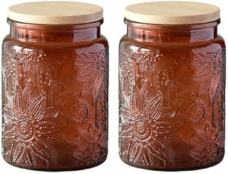 ANSQU Set of 2 Vintage Glass Kitchen Storage Counter Jar, 23.7 FL OZ Candy Jars with Lids, Coffee Container for Ground Coffee, Mason Jar Hold Tea, Sugar, Bath Salts & More (Amber, 2 Pack)
